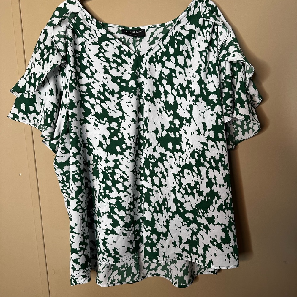 Lane Bryant Green and White Abstract Blouse